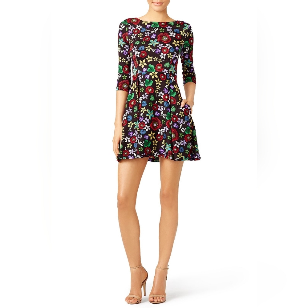 SUNO Stretch-Silk Multicolor Floral Fit-&-Flare Quarter Sleeve Mini Dress- 4